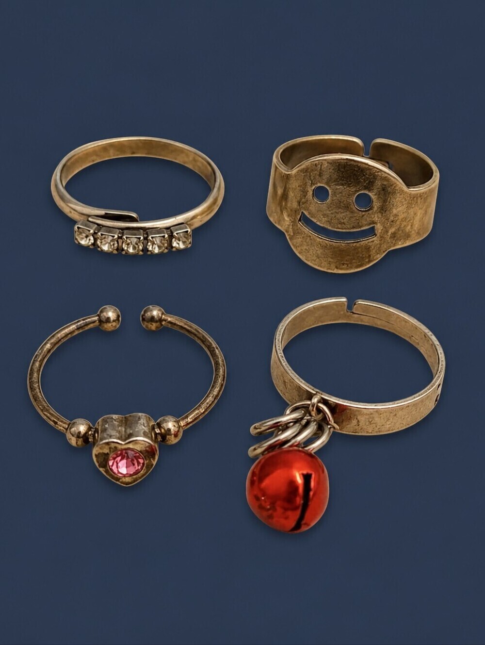 3/$30 Vintage Set of Six Smiley Heart Bell Rhinestone Adjustable Ring
